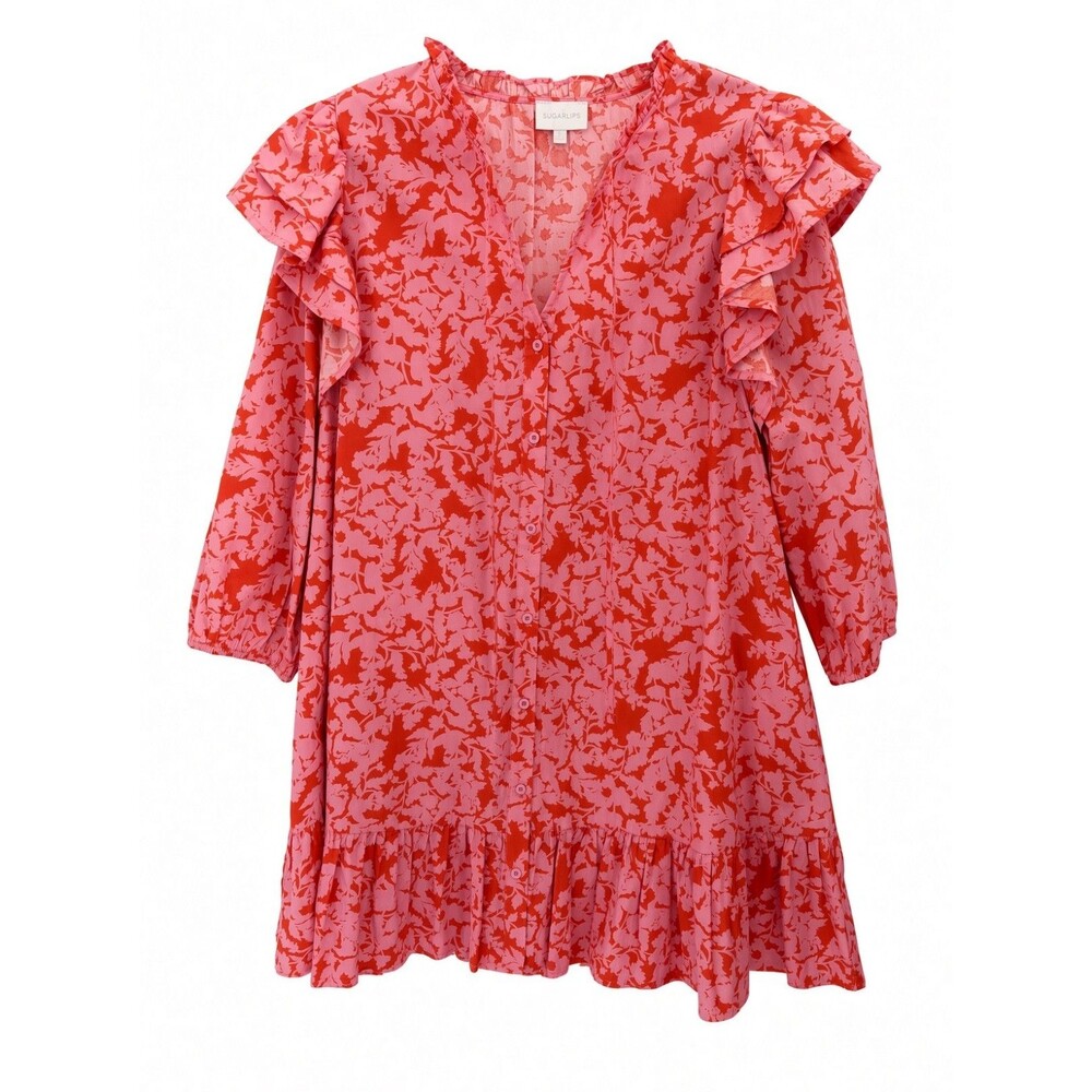 Sugarlips Sunset Floral Sammy Ruffle Top Drop Waist Dress Womens L Pink Warm Red - Picture 2 of 15
